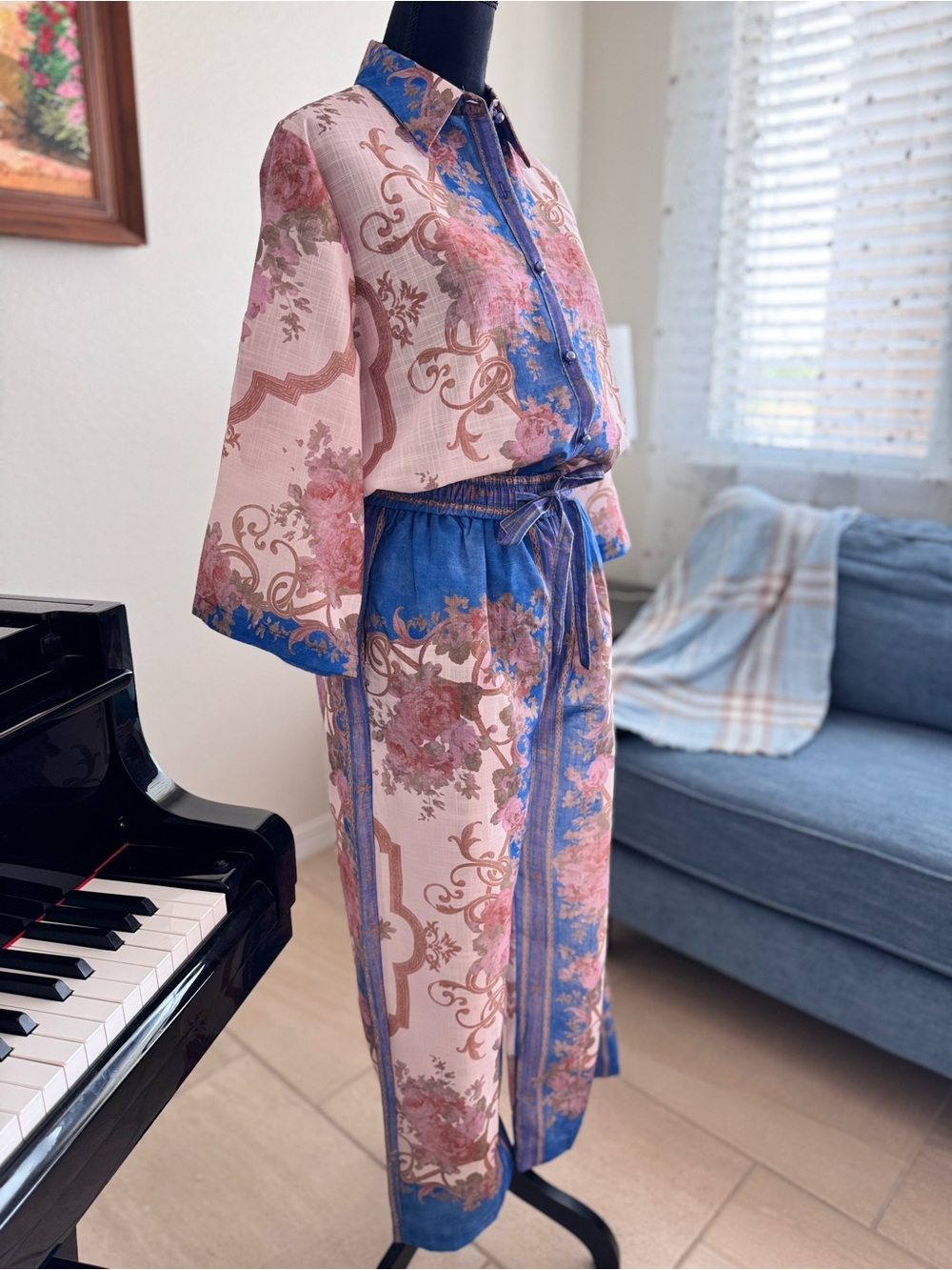 Women's Pink & Blue Printed Linen Jumpsuit - Picture 9 of 16